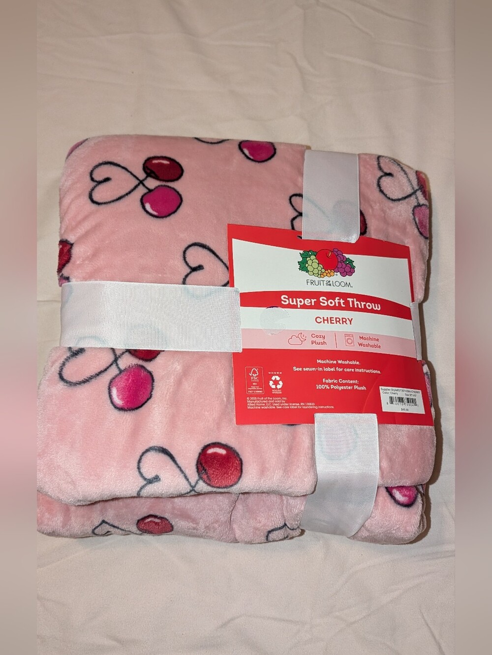 Fruit of the Loom Super Soft Cherry Throw Pink with Red Cherry Print NWT